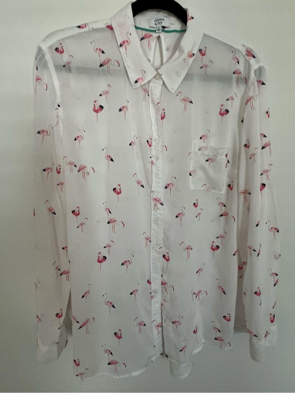 Crown & Ivy White Flamingo Print Button-Up Shirt - Size XL